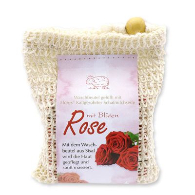 Cold-stirred sheep milk soap 150g modern packed in a soap holder, Rose with petals 