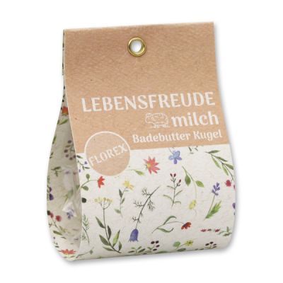 Badebutter-Kugel mit Schafmilch 50g in Tasche "Lebensfreude", Kornblume, Ringelblume/Gummibärli 
