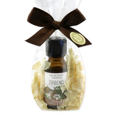 Essential oil 20ml with swiss pine shavings packed in a cellophane bag, Swiss pine oil 