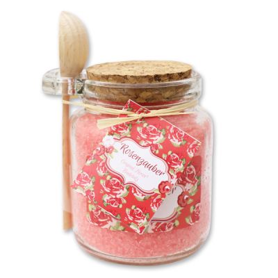 Bath salt 300g in a glass jar with a wooden spoon "Rosenzauber", Rose 