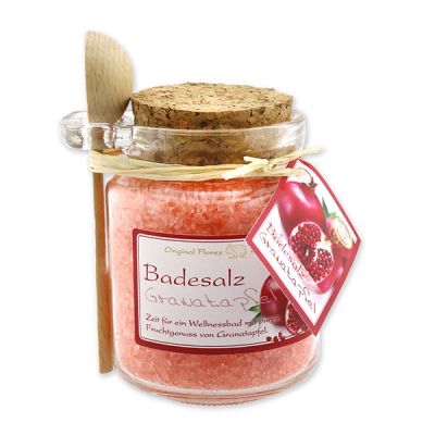 Bath salt 300g in a glass jar with a wooden spoon, Pomegranate 