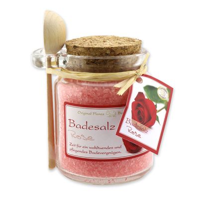 Bath salt 300g in a glass jar with a wooden spoon, Rose 