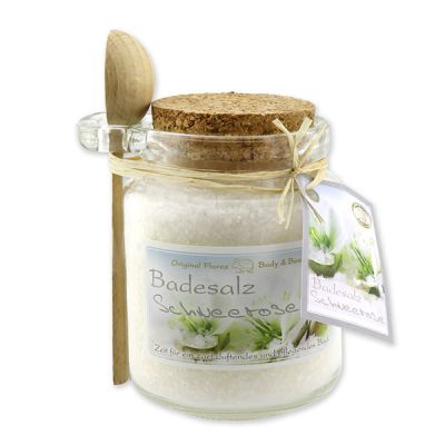 Bath salt 300g in a glass jar with a wooden spoon, Christmas rose white 