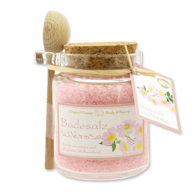 Bath salt 300g in a glass jar with a wooden spoon, Wild rose 