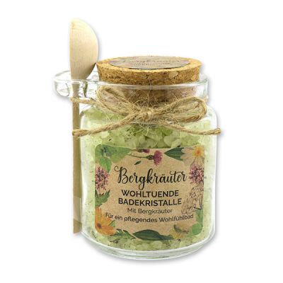 Bath salt rough 300g in a glass jar with a wooden spoon "feel-good time", Mountain herbs 