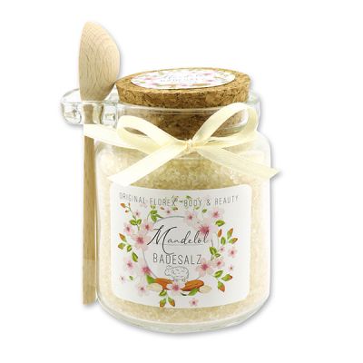 Bath salt 300g in a glass jar with a wooden spoon, Almond oil 