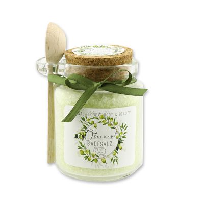 Bath salt 300g in a glass jar with a wooden spoon, Olive oil 