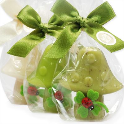 Sheep milk mushroom soap 50g decorated with a ladybug in a cellophane, Classic/pear/verbena 