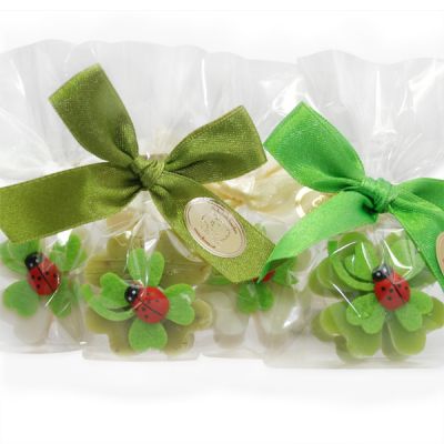 Sheep milk cloverleaf soap 14g decorated with a cloverleaf in a cellophane, Classic/verbena/pear 