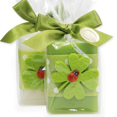 Sheep milk soap 100g decorated with a clover leaf in a cellophane, Classic/pear 