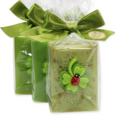 Sheep milk soap 100g decorated with a cloverleaf  in cellophane, Apple/verbena/pear 