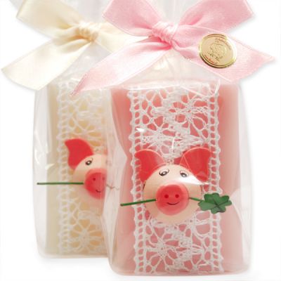 Sheep milk soap 100g decorated with a pig in a cellophane, Classic/peony 