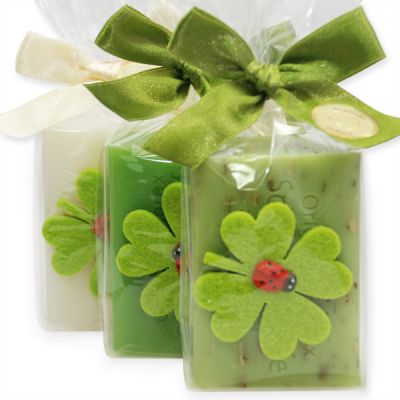 Sheep milk soap 100g decorated with a cloverleaf in a cellophane, Classic/verbena/pear 