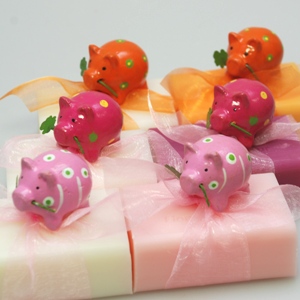 Sheep milk soap 100g decorated with a pig, Classic/peony/mallow flower/orange 