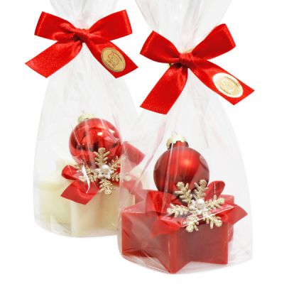Sheep milk soap star 80g decorated with a christmas ball in a cellophane, Classic/Pomegranate 