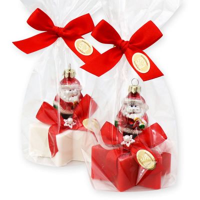 Sheep milk soap star 80g decorated with Santa in a cellophane, Christmas rose white/Pomegranate 