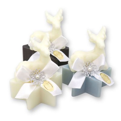 Sheep milk soap star 80g decorated with a soap deer 30g, Classic/ice flower/christmas rose 