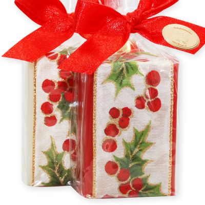 Sheep milk soap 100g decorated with a christmas ribbon in a cellophane, Classic/Pomegranate 