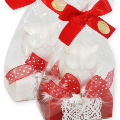 Sheep milk soap 100g decorated with a soap owl 50g in a cellophane, Classic/Pomegranate 