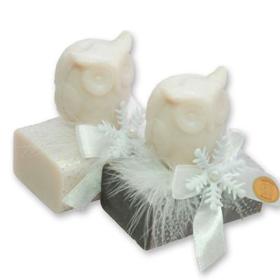 Sheep milk soap 100g decorated with a soap owl 50g, Christmas rose white/silver 