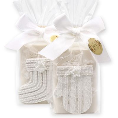 Sheep milk soap 100g decorated with a boot/glove in a cellophane, Christmas rose white 