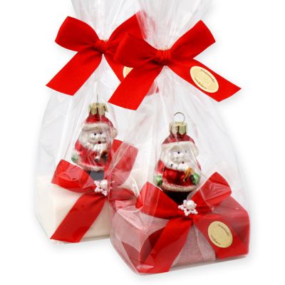 Sheep milk soap 100g decorated with Santa in a cellophane, Christmas rose white/Pomegranate 
