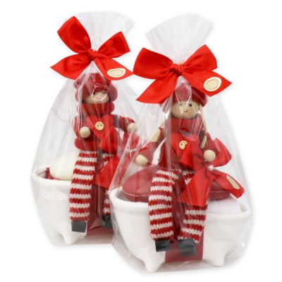 Bath tube filled with sheep milk soap 150g decorated with a washcloth and a gnome in a cellophane, Classic/Pomegranate 