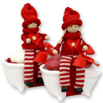 Bath tube filled with sheep milk soap 150g decorated with a washcloth and a gnome, Classic/Pomegranate 