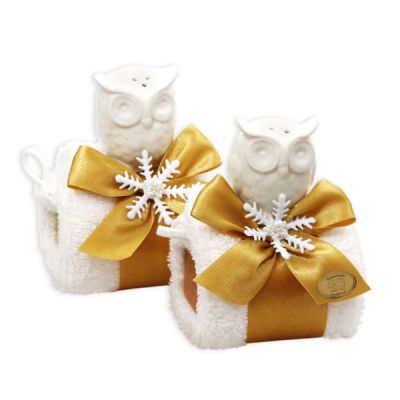 Sheep milk soap 100g with a wash cloth, decorated with and owl, Classic/quince 