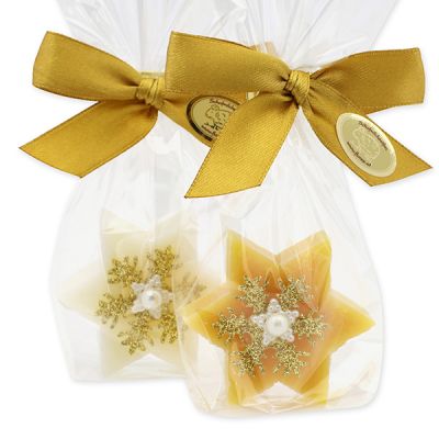 Sheep milk soap star 20g decorated with a snowflake and a star in a cellophane, Classic/Zirbe 