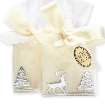 Sheep milk soap quadrat 35g decorated with a silver ribbon in a cellophane, Classic 