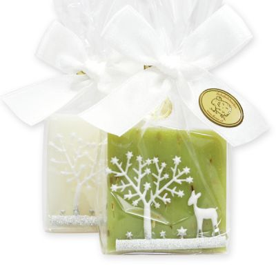 Sheep milk quadrat soap 35g, decorated with a ribbon in a cellophane, Classic/verbena 