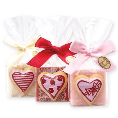 Sheep milk soap 35g decorated with a heart in a cellophane, Classic/pomegranate/magnolia 