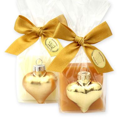 Sheep milk soap 35g decorated with a glass heart in a cellophane, Classic/quince 