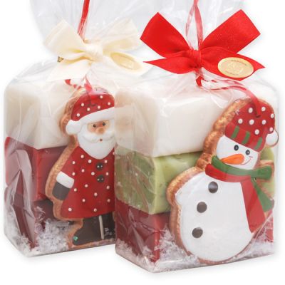 Sheep milk soap 100g decorated with a snowman and santa in a cellophane, Classic/Pomegranate/Verbena/Winter magic 