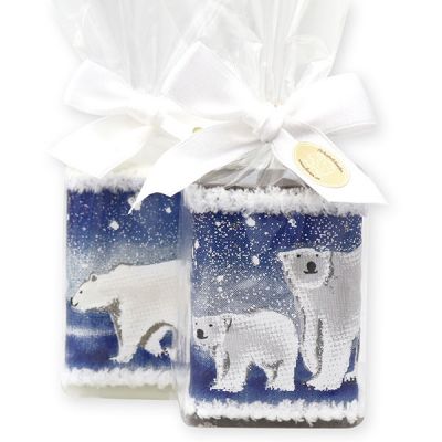 Sheep milk soap 100g, decorated with an ice bear ribbon in a cellophane, Classic/christmas rose silver 
