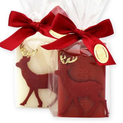 Sheep milk soap 100g decoarted with a red reindeer in a cellophane, Classic/Pomegranate 