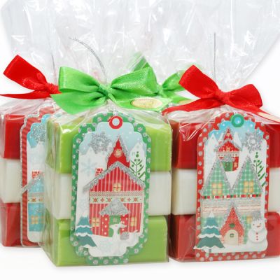 Sheep milk soap 3x100g decorated with a christmas card in a cellophane, Classic/Pomegranate/Apple 