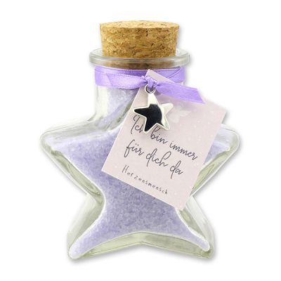 Bath salt 160g in a star shaped glass jar "Ich bin immer für dich da - Herzensmensch", Lavender 